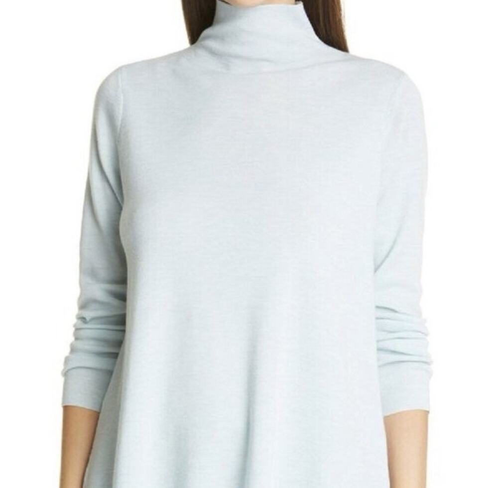 Eileen Fisher 100% Merino Wool Tunic Sweater Women’s Medium Blue Mock Neck Long